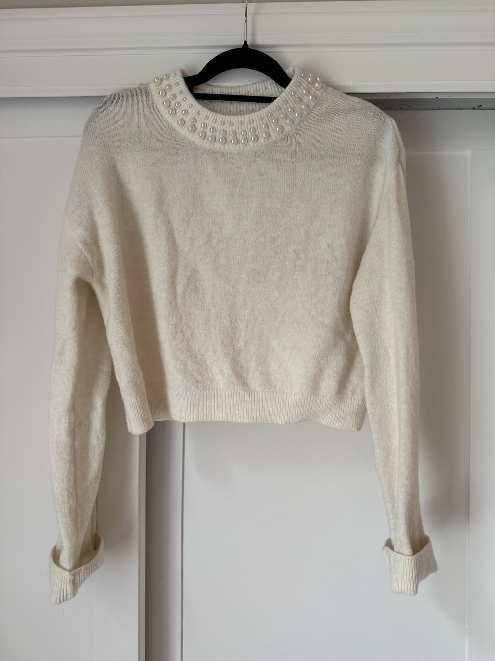 H&M Cream Pearl-Embellished Cropped Crewneck Sweater